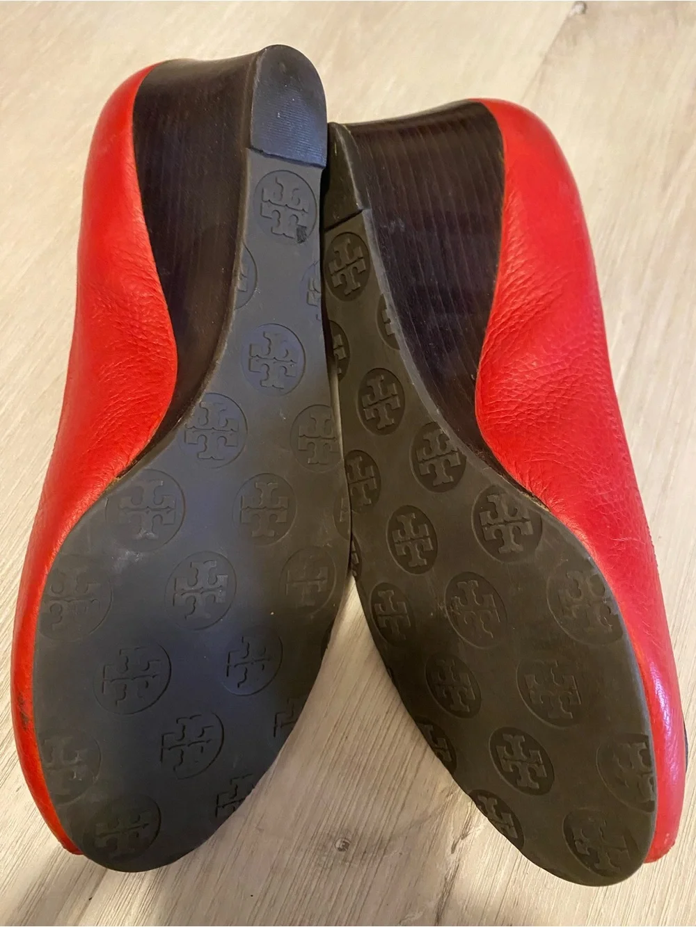 Tory Burch Red Pebbled Leather Sally Peep-Toe Wedge Pumps - Size 9